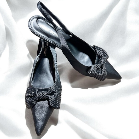 Size 9………Black Satin Rhinestone Bow Buckle Heels.  PUBLIC DESIRE - Picture 2 of 8